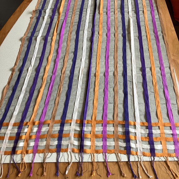 LIGHTWEIGHT SHAWL WRAP SCARF FRINGED ENDS BLACK SHEER COLORED STRIPES - Picture 9 of 13